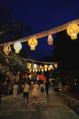 夜间街道，上方悬挂着一排灯笼，有行人走在路上。