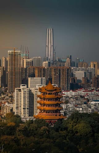 图片展示了城市景观 古塔位于前景 高楼大厦林立于背景 树木点缀其间