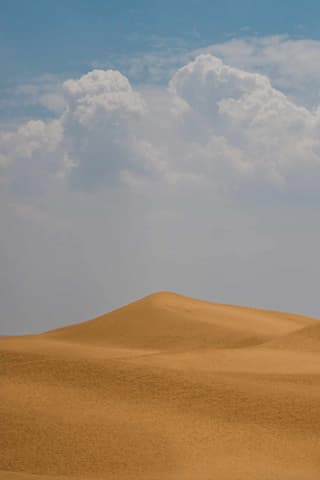 图片展示了沙漠的沙丘在天空下延伸 蓝天白云与金色的沙子形成鲜明对比