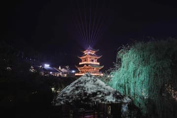 图片展示了一座在夜间被灯光照亮的古塔，周围有树木环绕。