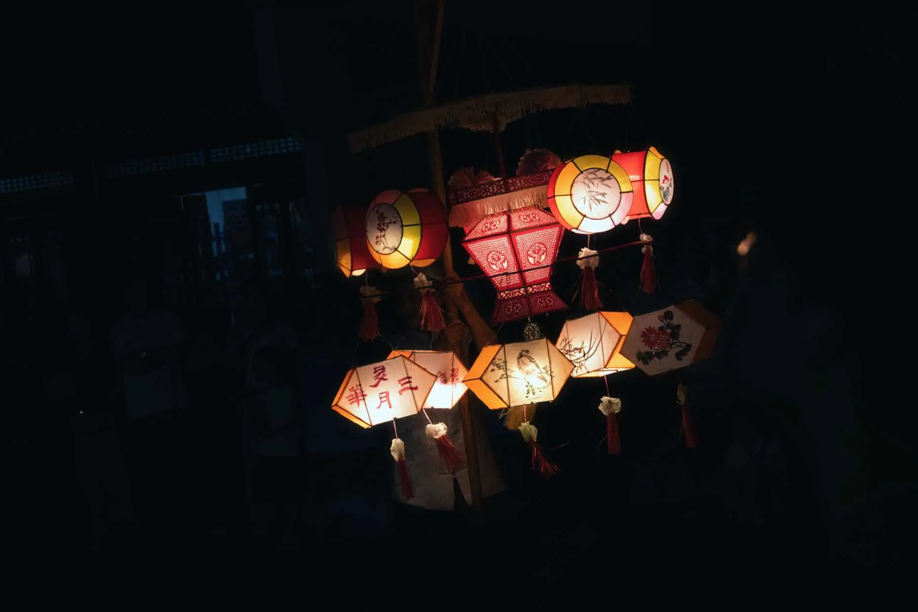 图片展示了夜晚中悬挂的各种形状和颜色的灯笼。