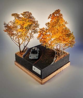 微缩场景展示了秋季的道路 一辆汽车行驶在落叶覆盖的道路上 两旁是色彩鲜艳的树木