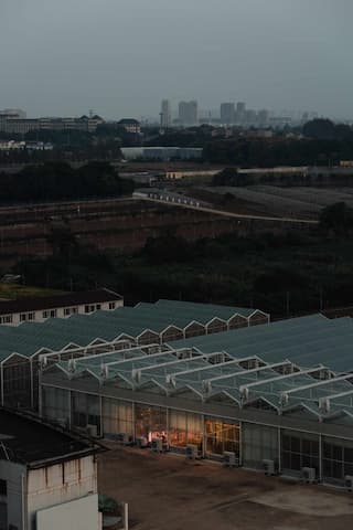 图片展示了多个温室建筑，远处是城市的天际线，整体笼罩在阴霾的天空下。