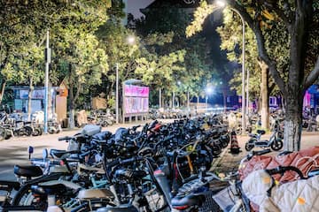 夜晚道路两旁停满电动车和自行车 树木茂盛灯光照亮