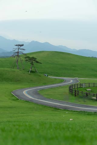 图片展示了绿色的山丘，一条蜿蜒的道路穿过山丘，延伸至远方的山脉，还有树木和围栏。