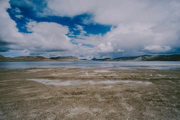 图片展示了湖泊、天空、远山和广阔的大地。