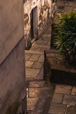 石板路蜿蜒延伸老旧墙壁斑驳植物点缀巷角