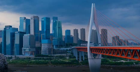 图片展示了城市天际线和一座桥梁 桥梁颜色鲜艳 城市建筑林立