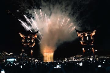 夜空中绽放的烟花，下方是建筑和观看的人群。